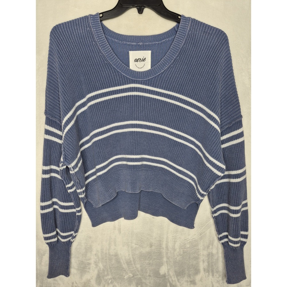 Aerie Womens Small Oversized Cropped Sweater Slate Blue Striped Knit High Low